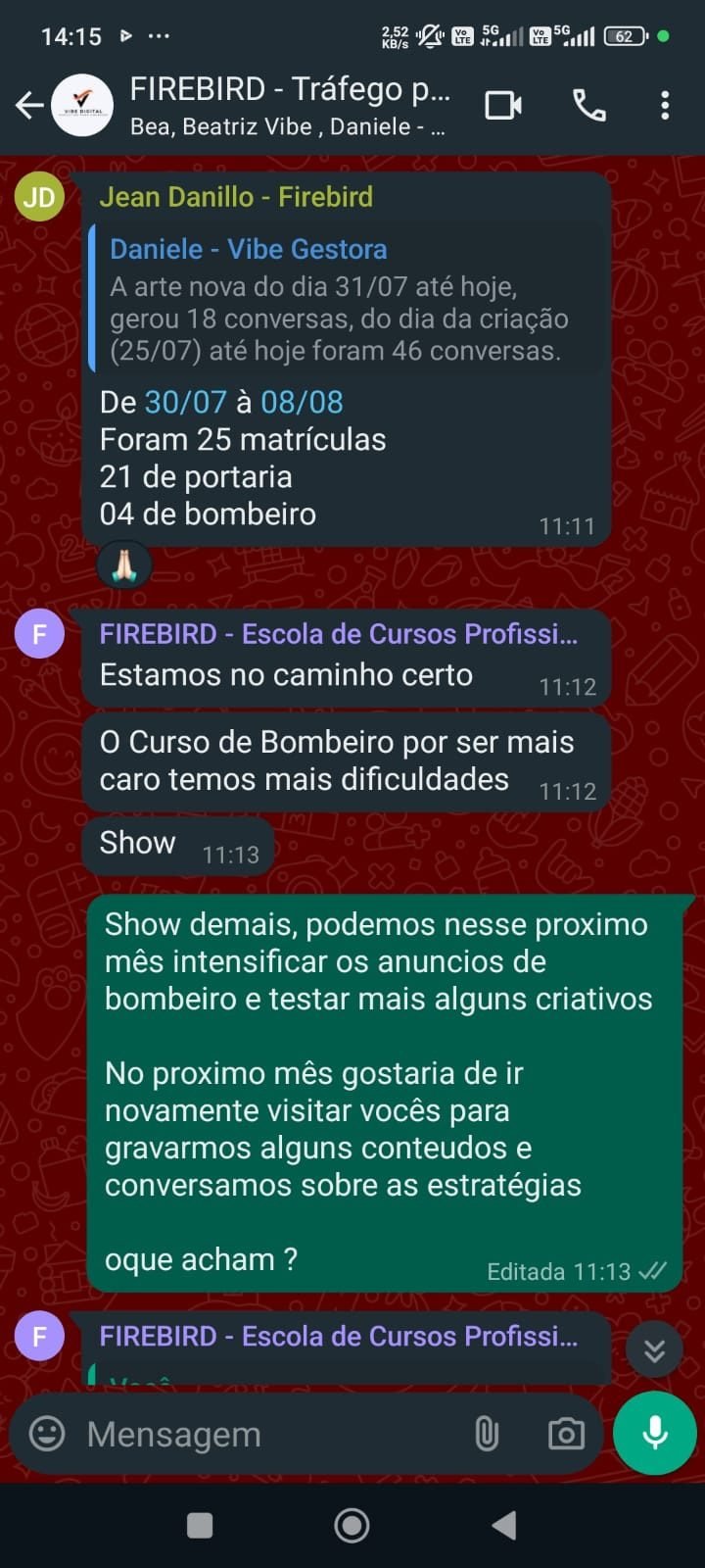 Print da conversa com Escola de Bombeiro Firebird