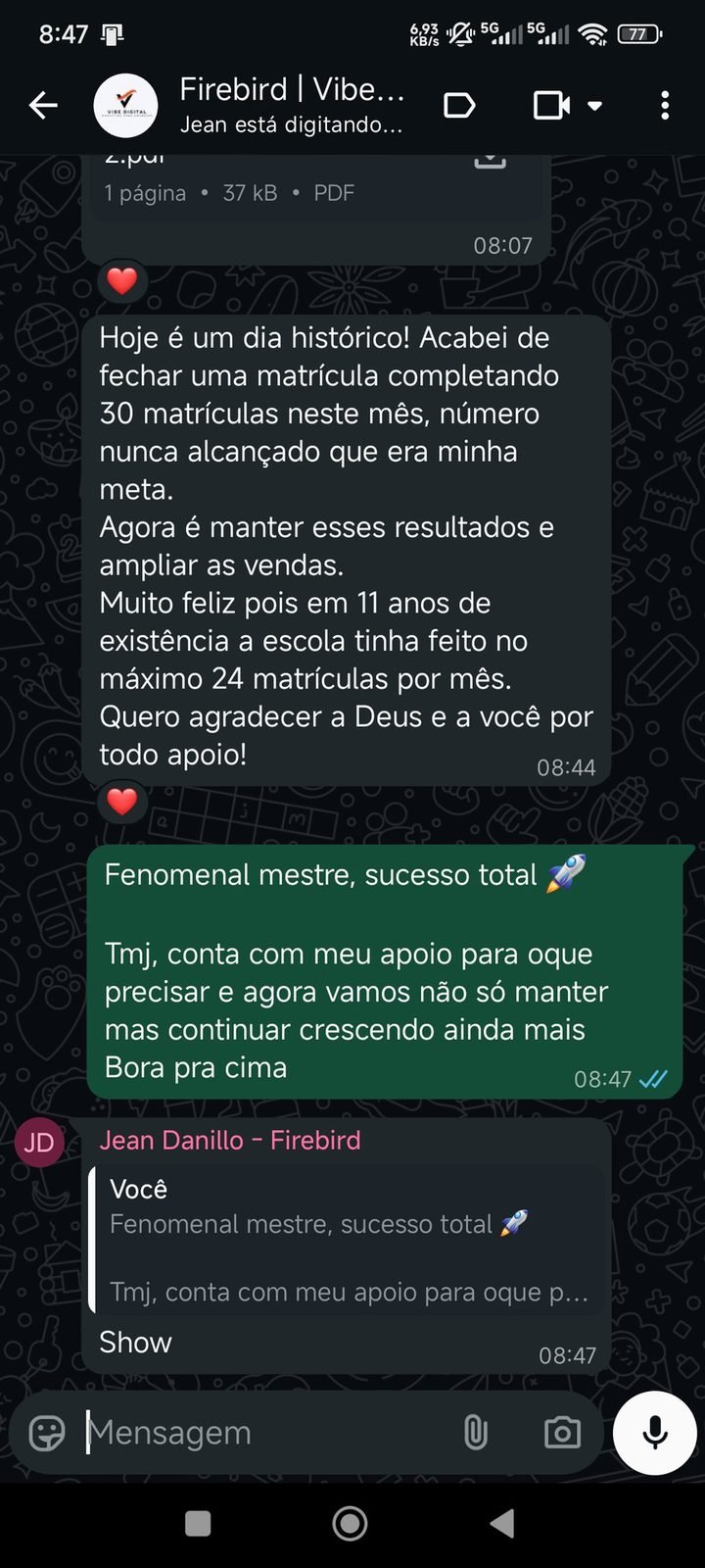 Print da conversa com Escola de Bombeiro Firebird